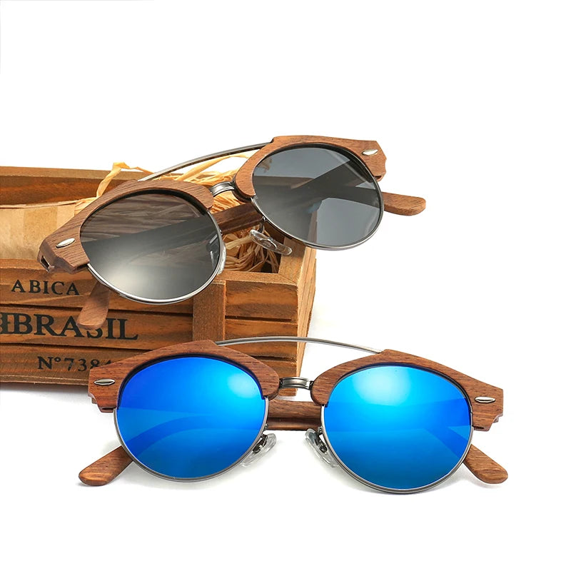 2022 Wholesale Custom Sunglasses Logo Dark Walnut Wood Men's Sunglasses Double Bridge Wooden Polarized Sunglasses for Men Women