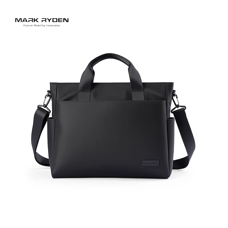 Mark Ryden black waterproof designer briefcase, large-capacity laptop tote bag with adjustable shoulder strap.