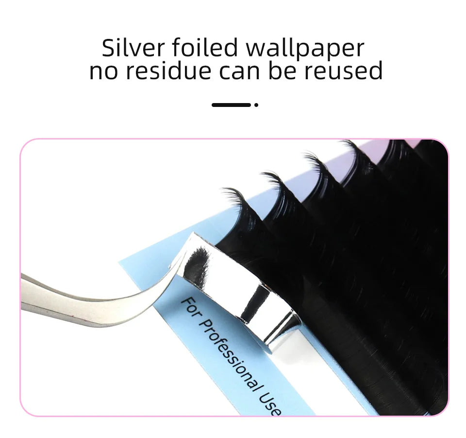 Black silk Russian volume eyelash fan extensions on a silver-foiled strip, held by professional tweezers.