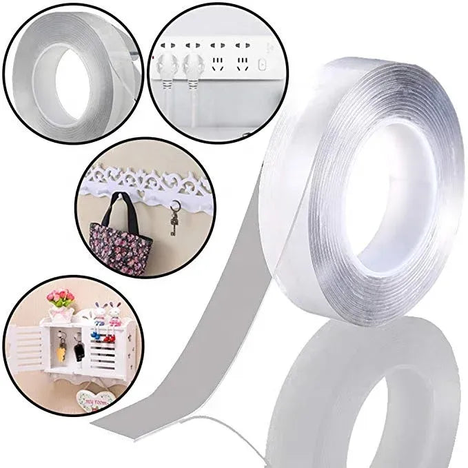 White double-sided mounting tape roll with close-up adhesive tape and use icons