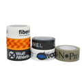 Printed packing tape rolls with visible branding and decorative stripes