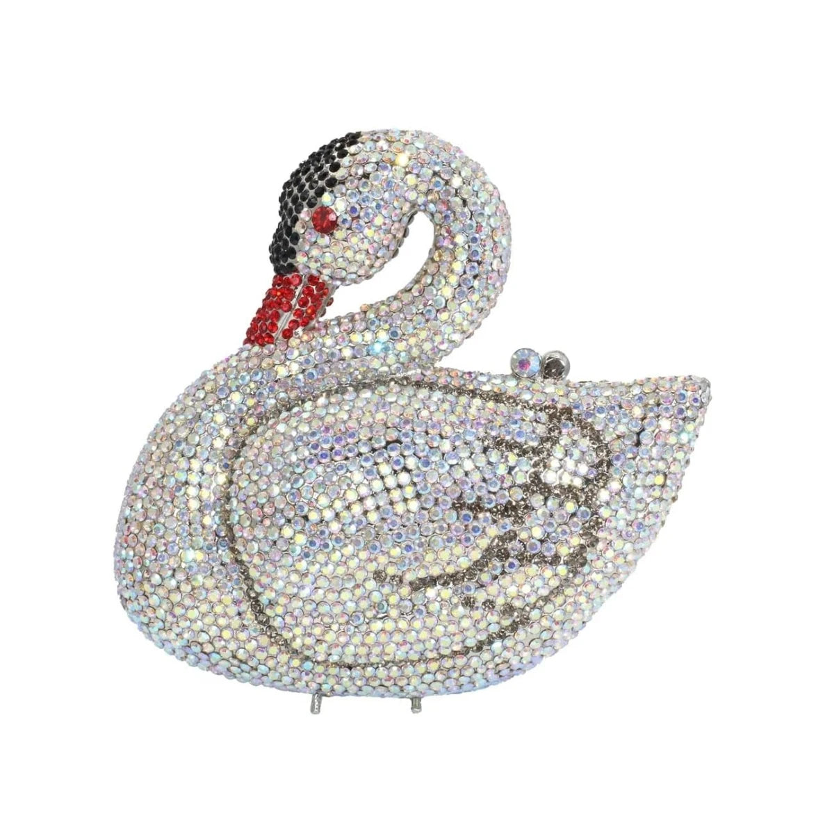 Luxury swan-shaped evening clutch encrusted with iridescent rhinestones, black and red crystal detailing. Bridal purse.