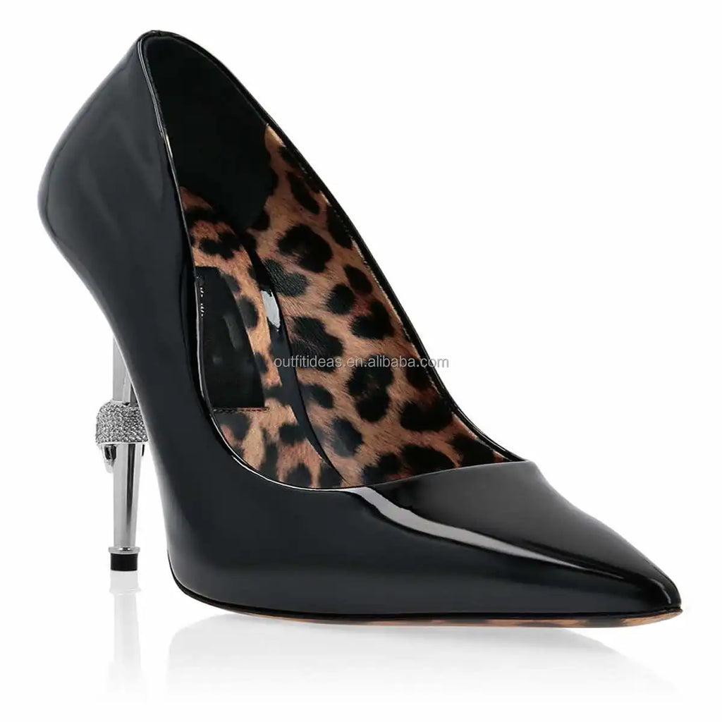 Top Quality Luxury Jewel Sandal Design 12cm Stiletto Heel Skull Heel Dappled Patent Leather Leopard Pumps Women Sexy Party Shoes