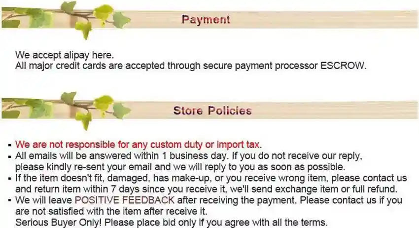 Store policies and payment information for ionic cleanse detox foot bath machine, including escrow and return terms.