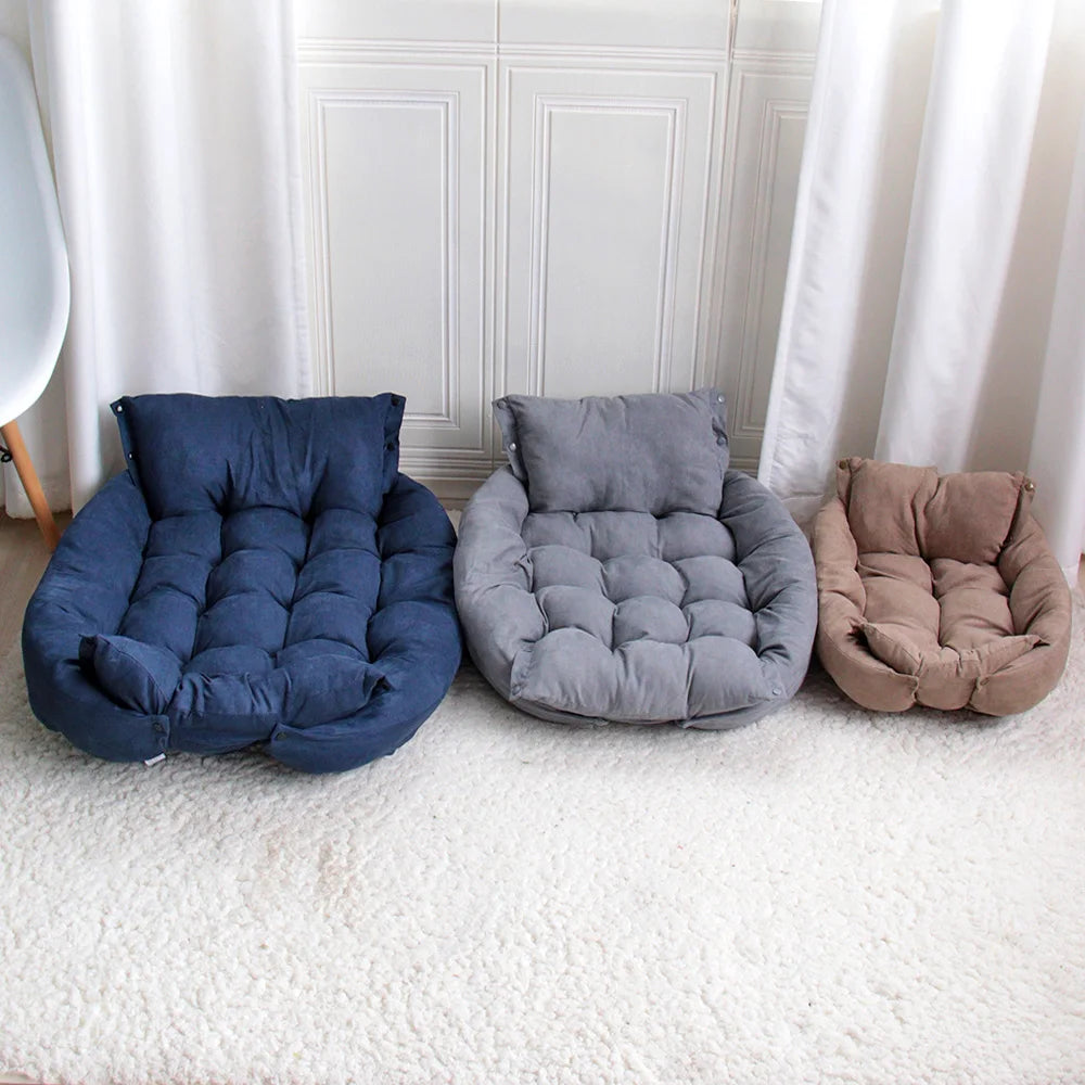 Soft, warm sofa pet beds in blue, grey, and brown for cozy dog and cat sleeping, available in multiple sizes.