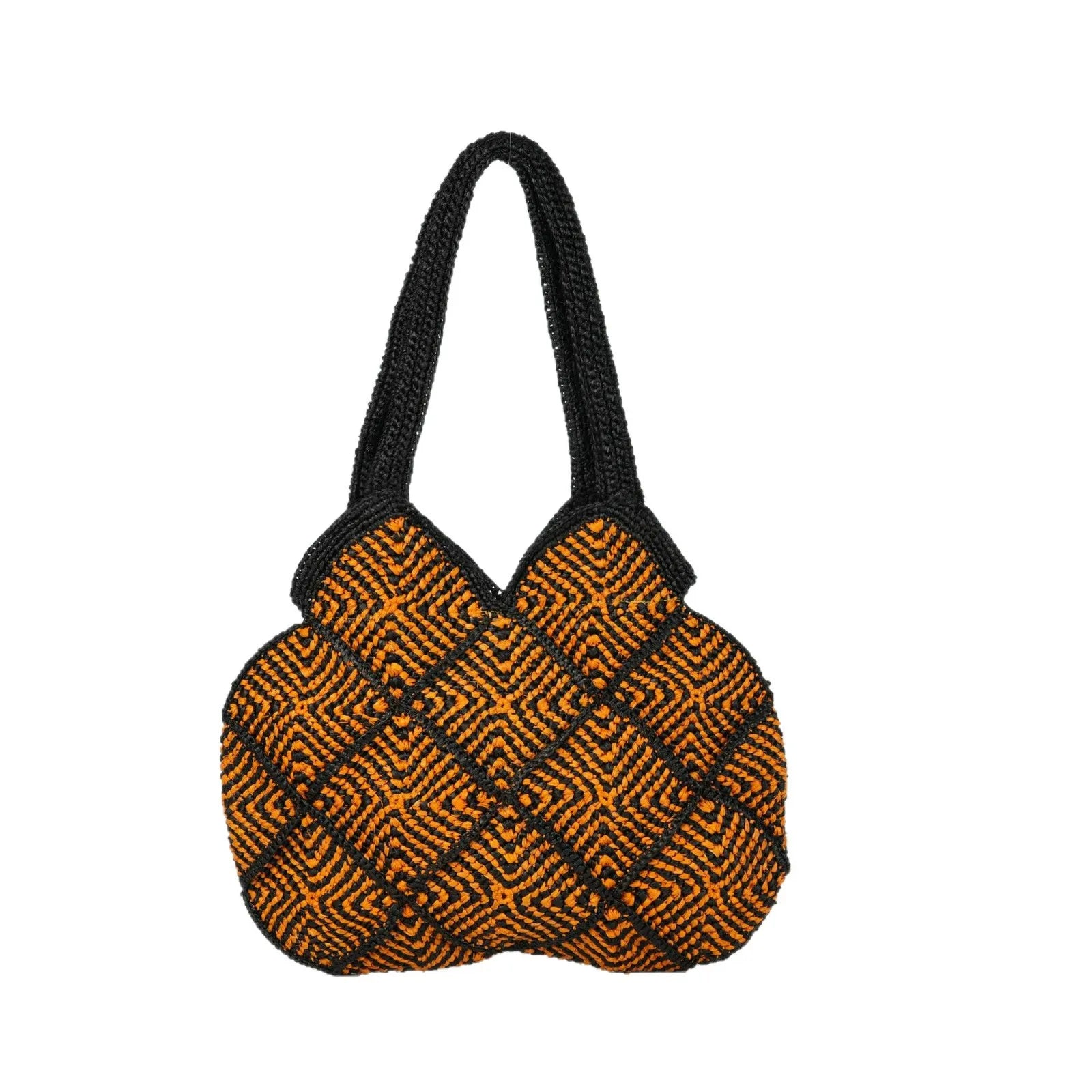Black and orange boho crochet tote bag with geometric diamond patterns, featuring sturdy woven handles for daily use.