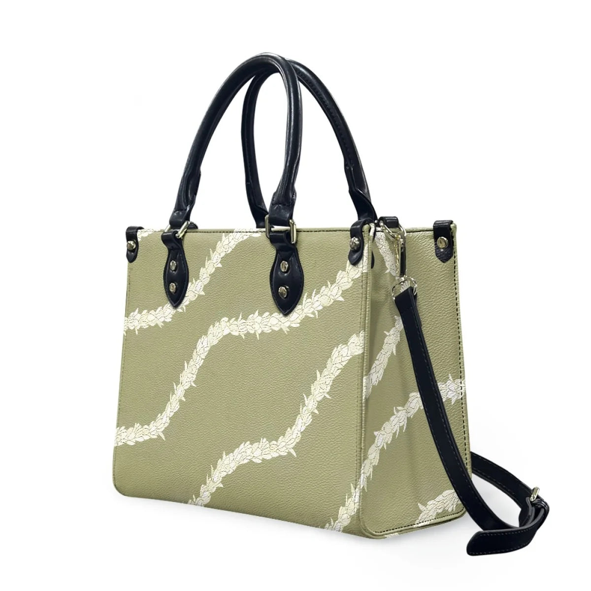 Sage green leather handbag with white Polynesian tribal floral pattern, black handles, and detachable shoulder strap.