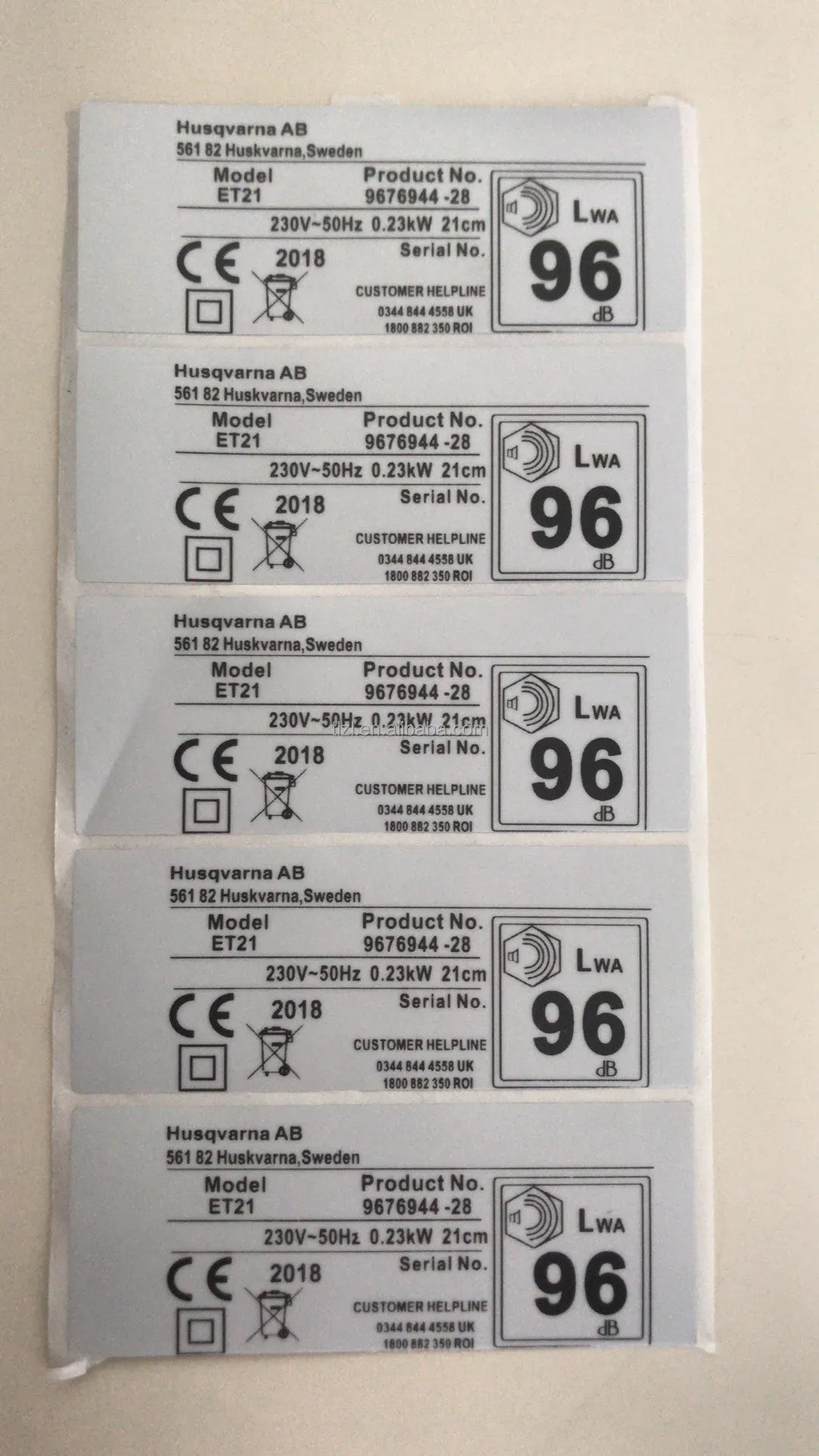 Printed product labels pack with barcodes, CE marks, and model details