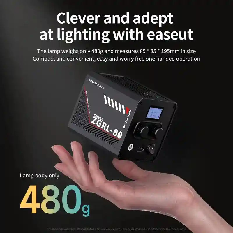 ZGRL-80 portable black square fill light with control knobs and display screen, held in a hand for scale.