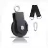 Black single-wheel pulley with a metal swivel top, black nylon strap, and carabiner clip for lifting or rigging.