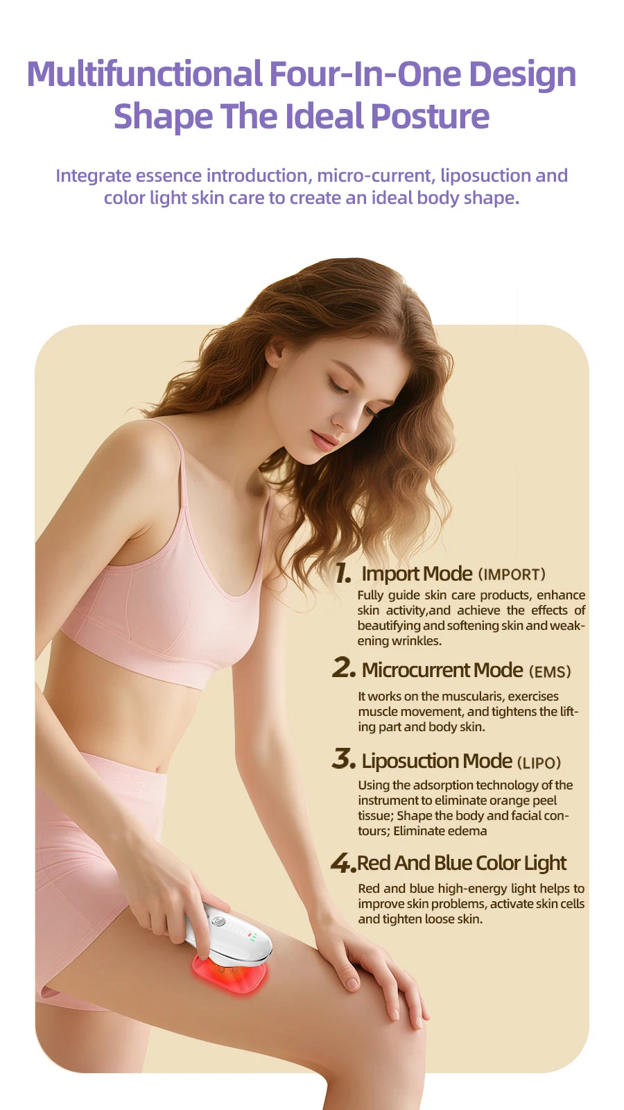 A woman using a white, handheld 4-in-1 body sculpting device with a red light massage head on her thigh.
