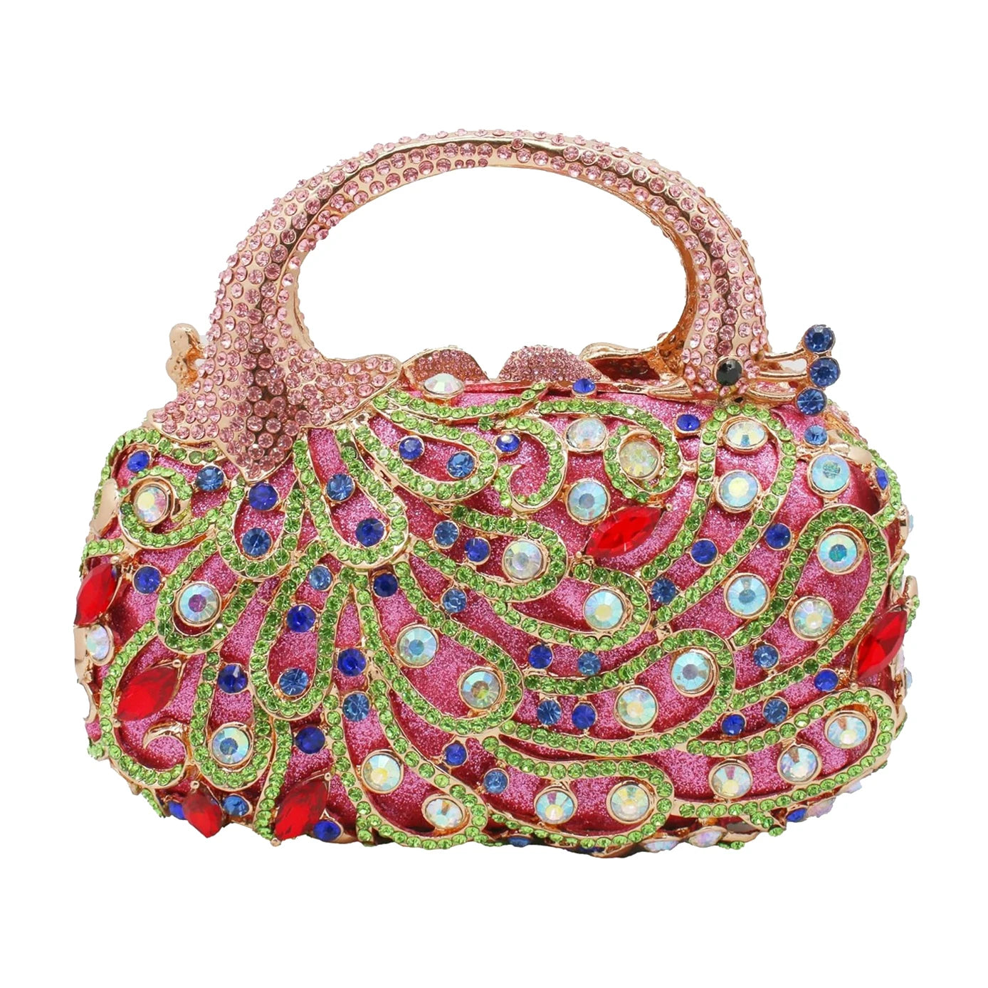Luxury pink crystal peacock evening clutch with sparkling rhinestones, designer handbag featuring ornate gold detailing.