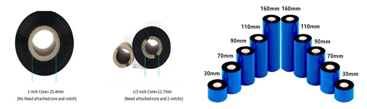 Ribbon size diagram with reel dimensions and core measurements