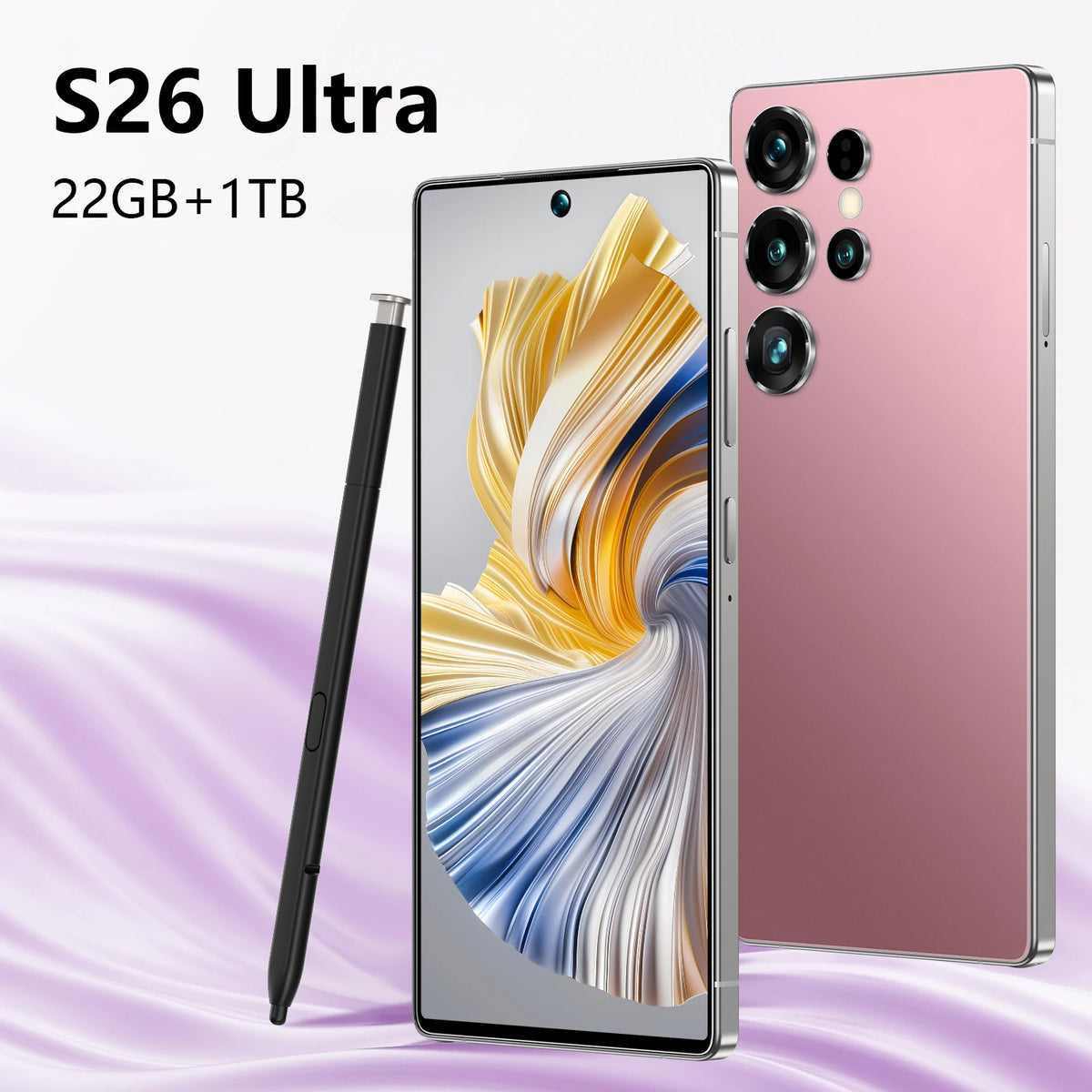 Rose pink smartphone with quad rear camera, front display, and included stylus