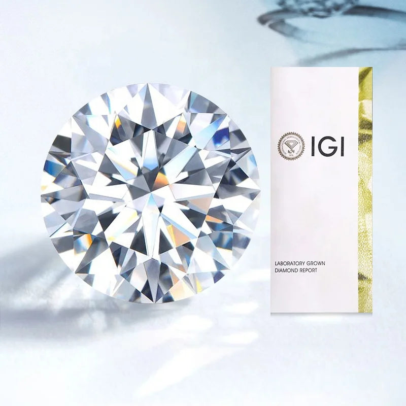 Round lab-grown diamond with a certification report card