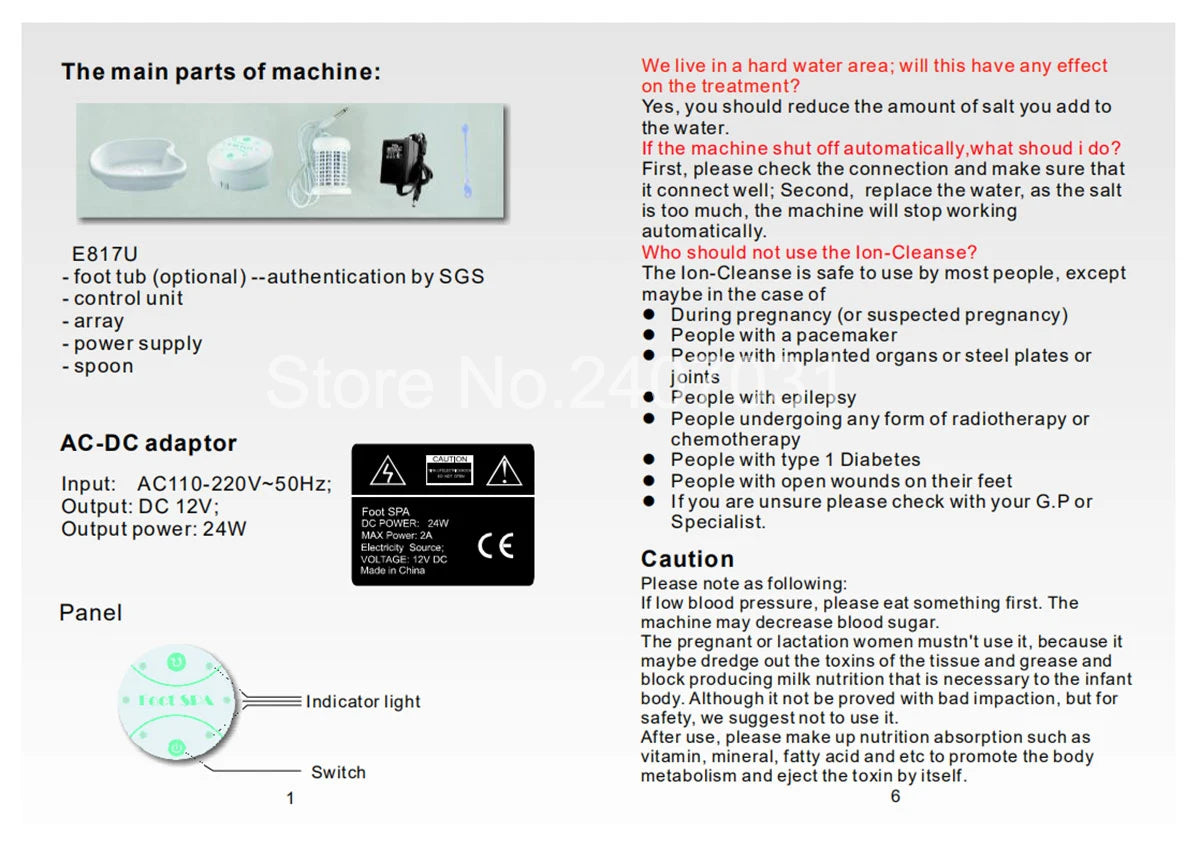 Electric ion detox foot spa machine parts including control unit, array, power supply, and manual with safety guide.