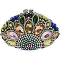 Luxury rhinestone evening clutch featuring colorful crystal petals and dazzling jewels for formal cocktail events.