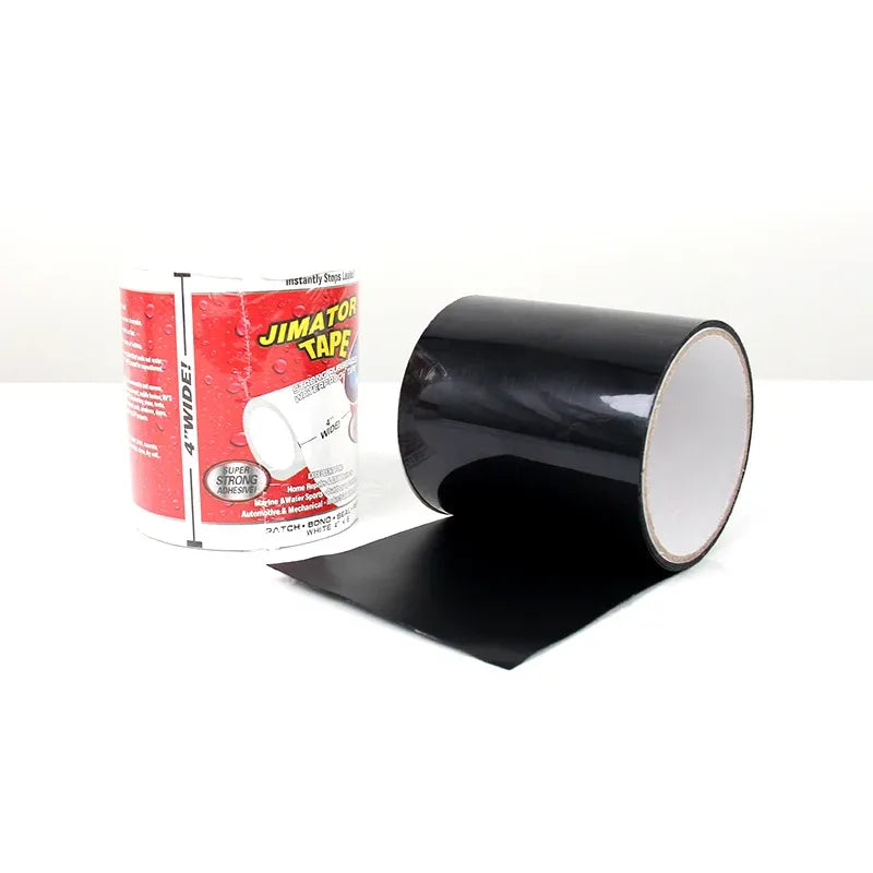 Black waterproof repair tape roll next to red printed roll package, angled view