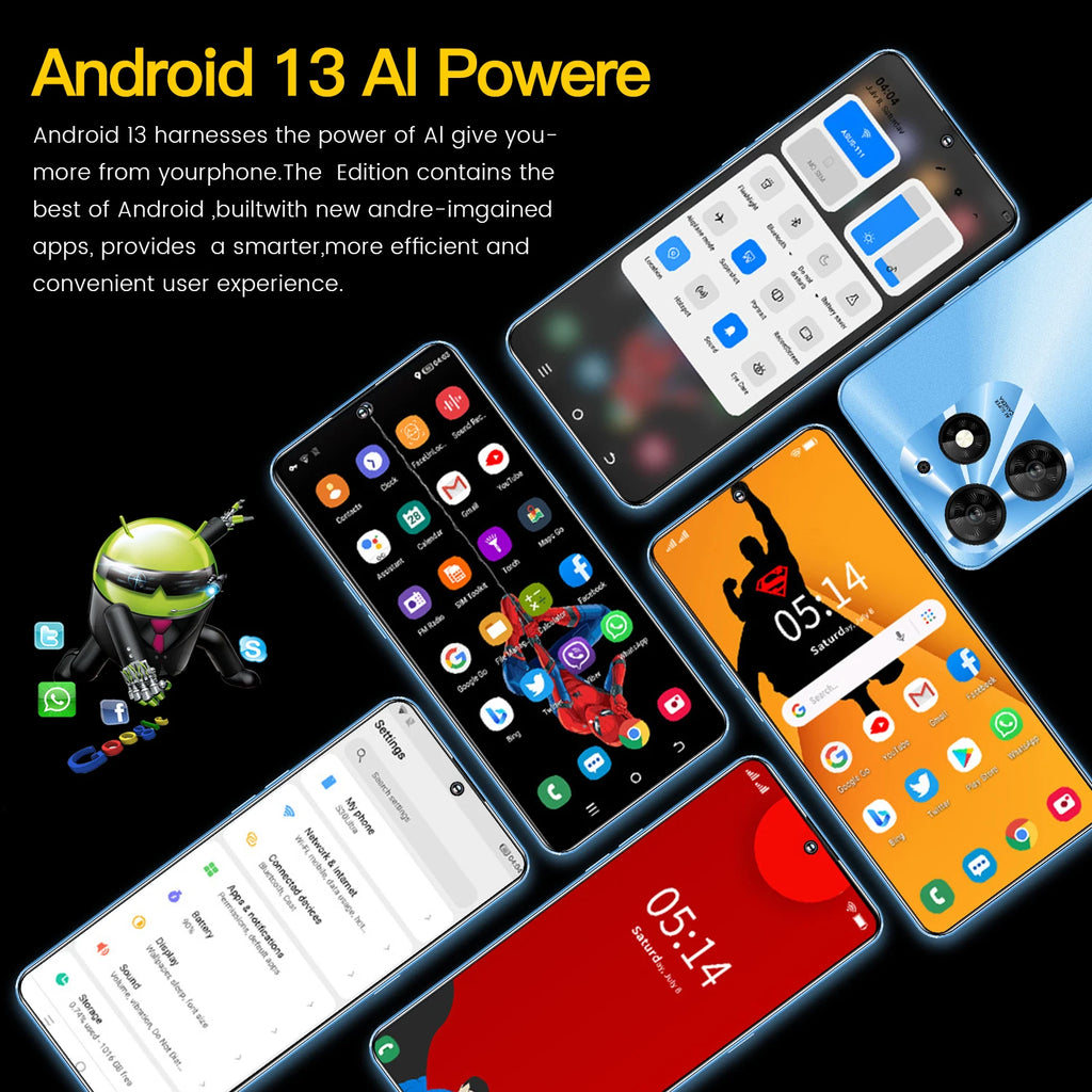 Tidesmit 7.3-inch 5G Android smartphone with dual SIM slots for global factory direct mobile connectivity.