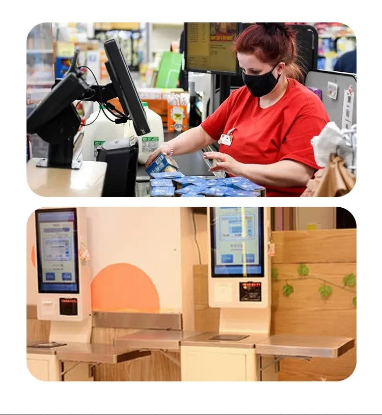 Retail checkout station with desktop barcode scanner in use at a counter