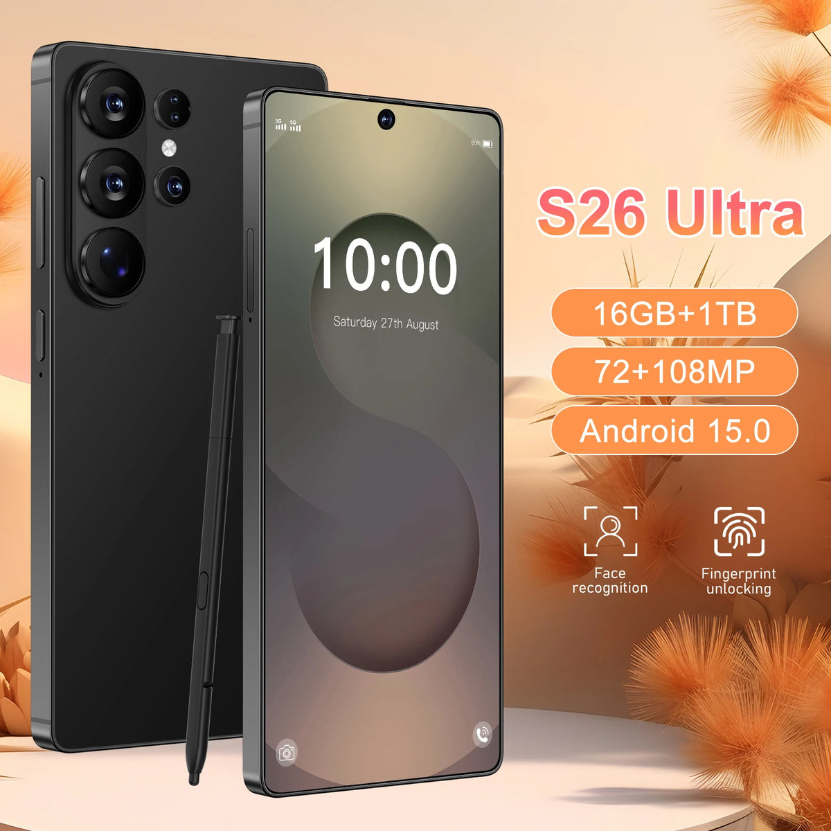 Black smartphone with stylus, front screen and rear triple cameras visible