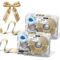 Champagne gold satin ribbon tape with black print, 12mm x 5m, shown on cartridges