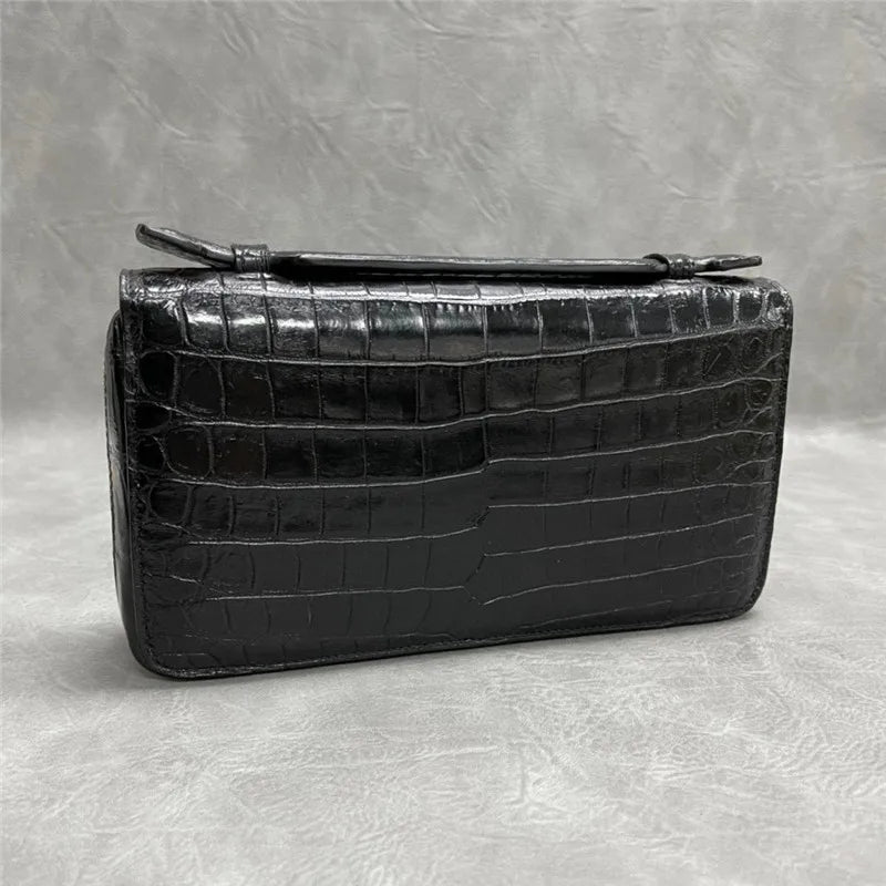 Authentic Crocodile Belly Skin Male Large ZIP Card Purse Genuine Exotic Alligator Leather Businessmen Small Black Clutch Bag