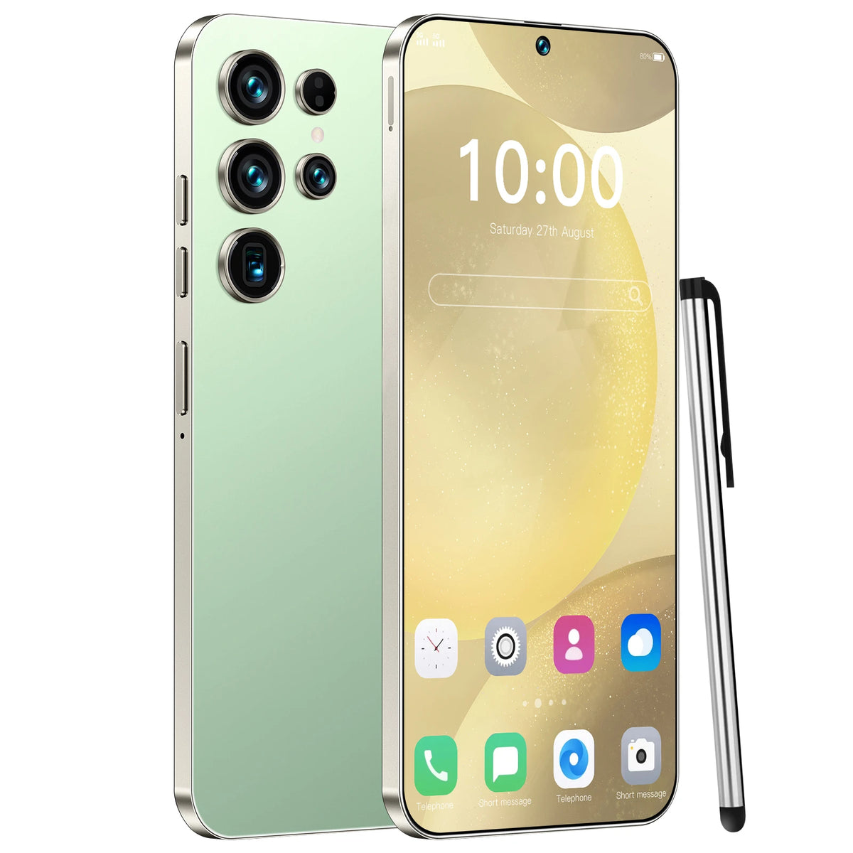 S26 Ultra 5G smartphone with light green back and triple rear camera, front screen on