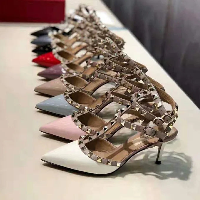 High-heel studded leather women's pumps, painted leather sexy women's sandals