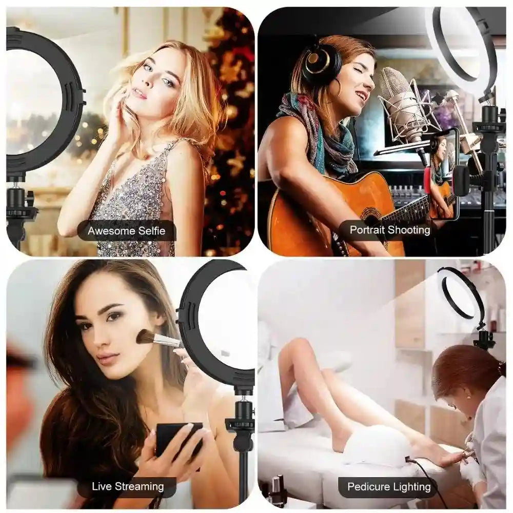 Black circular LED ring light on an adjustable stand for selfies, streaming, music recording, and beauty tasks.