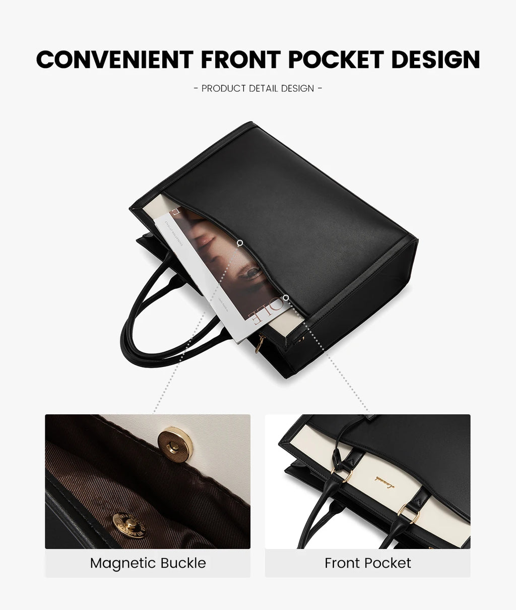 LOVEVOOK black waterproof leather laptop tote bag for women featuring a convenient front pocket and magnetic closure.