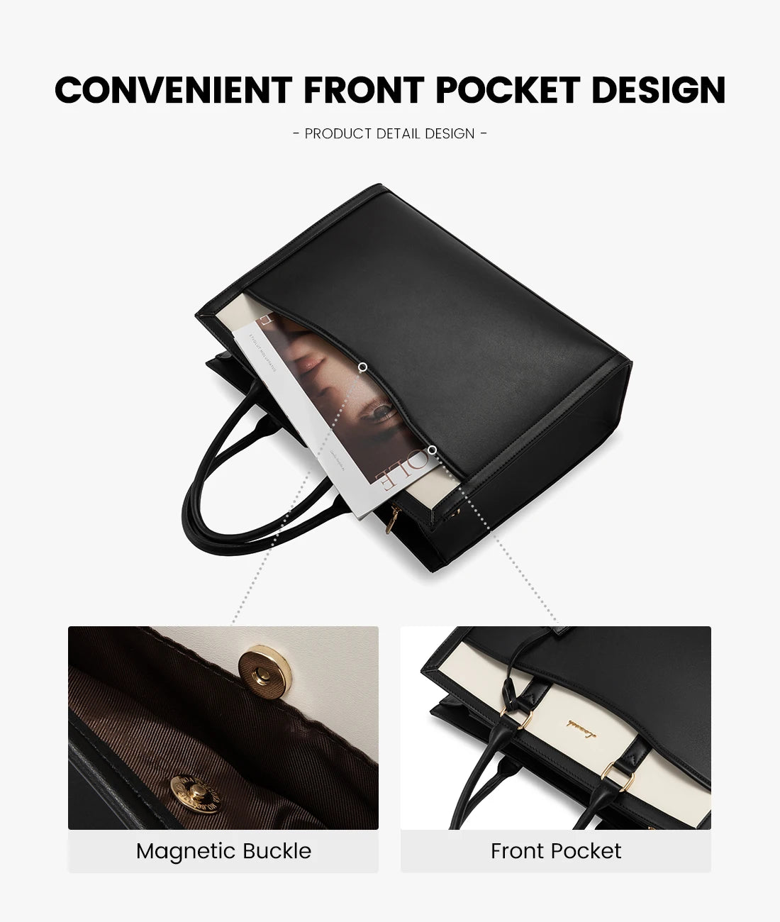 LOVEVOOK black waterproof leather laptop tote bag for women featuring a convenient front pocket and magnetic closure.