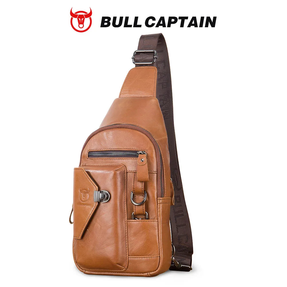 Tan BULLCAPTAIN genuine leather sling bag for men with crossbody strap, metal buckle, and front pockets. Trunks style.