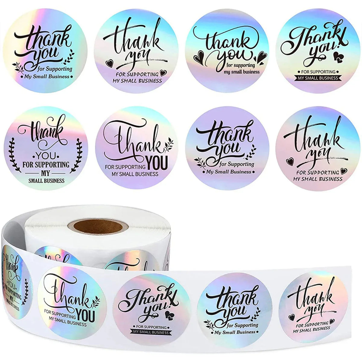 Holographic thank-you label stickers roll, round designs with script text