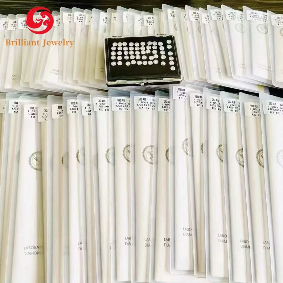 Rows of lab-grown diamond parcels in labeled sleeves, arranged in trays