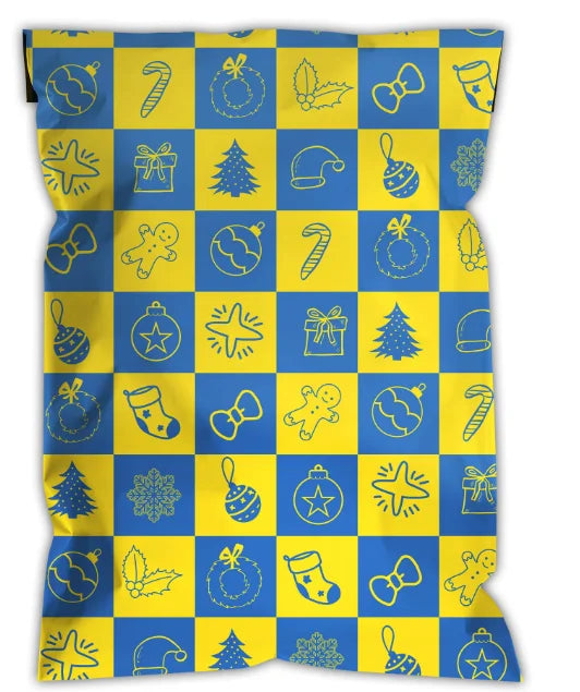 Blue and yellow checker Christmas poly mailer with stars, bells and ornament icons pattern