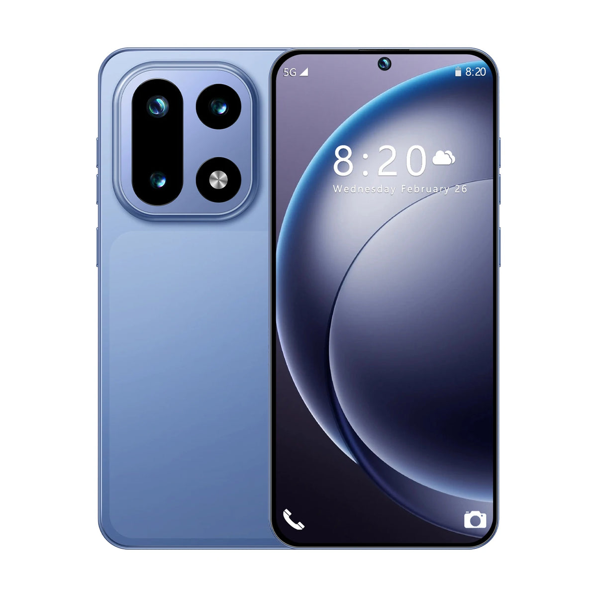 Blue unlocked smartphone with triple rear camera and front display