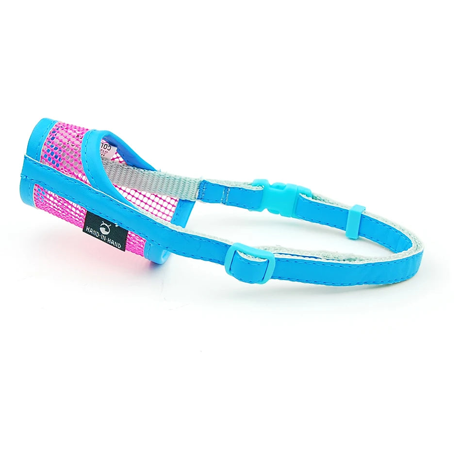 Breathable blue and pink mesh dog muzzle for safe training, adjustable leatherette straps for small to large puppies.