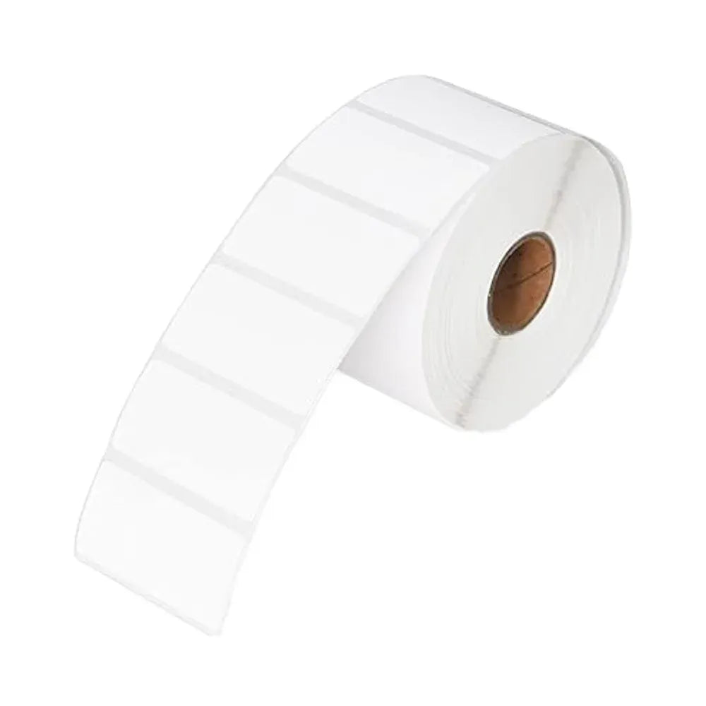 White heat-sensitive thermal label roll with blank rectangular labels, self-adhesive