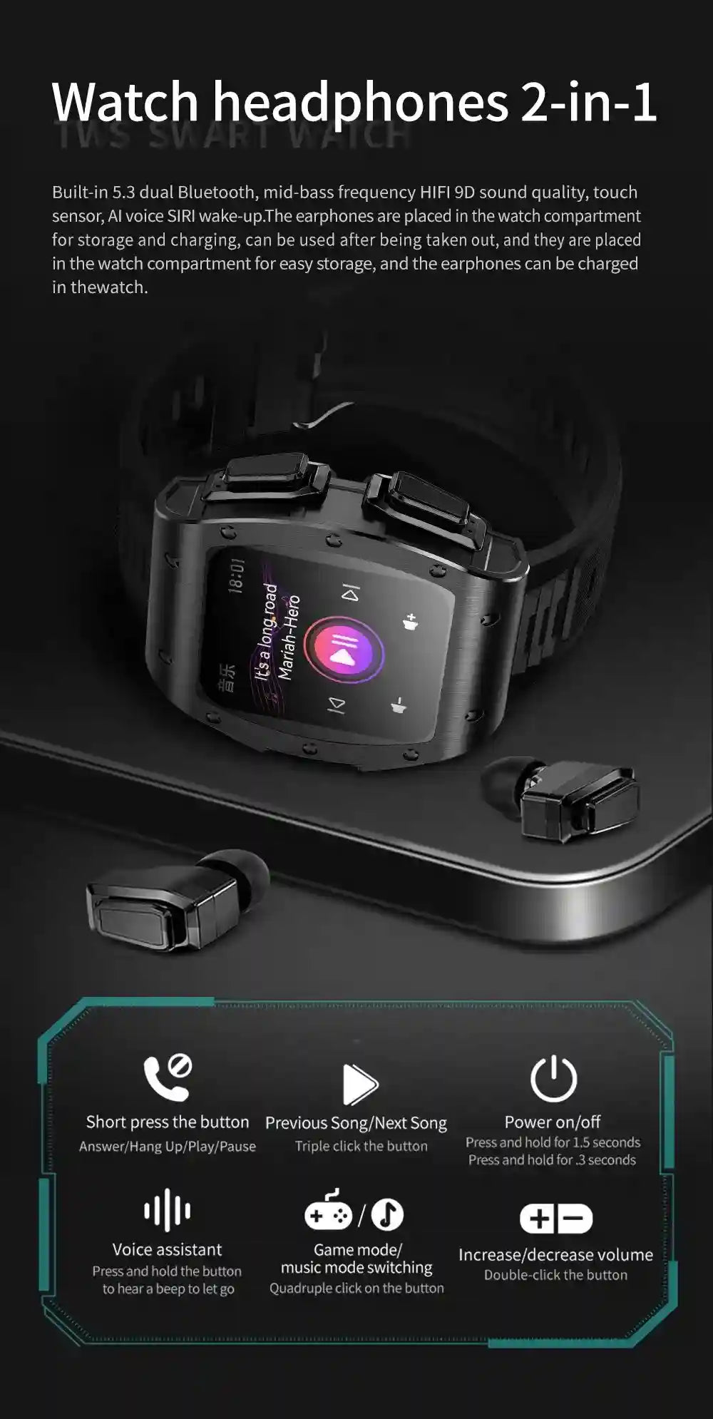 Tidesmit JM09 Smartwatch With Wireless Earbuds - IP67 Waterproof Fitness Tracker Tidesmit