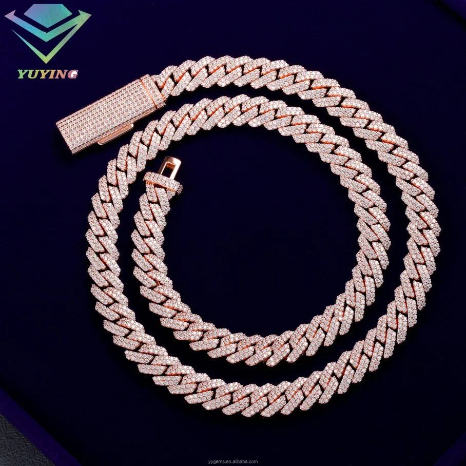 8mm-12mm Width 100% Pass Tester 18k Gold Plated 2rows VVS Moissanite  925 Silver Cuban Link Chain for Hip Hop Rapper Jewelry
