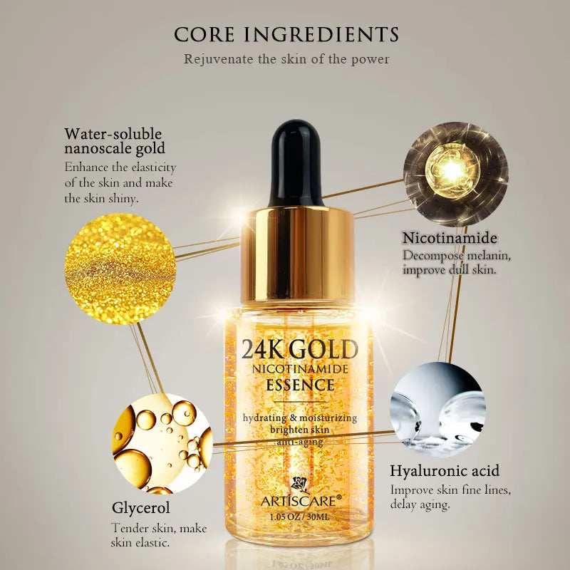 ARTISCARE 24K Gold Nicotinamide Essence serum in glass dropper bottle for anti-aging, hydrating, and facial skin care.