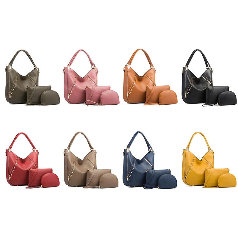 4-piece vegan leather handbag set featuring studded hobo bags and matching pouches in various vibrant colors.