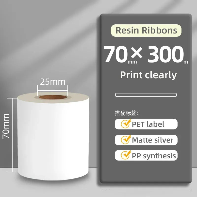 White resin ribbon roll labeled 70×300 mm for clear printing