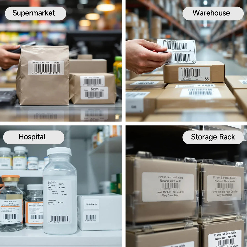 Printed label tape labels on boxes for supermarket and warehouse use