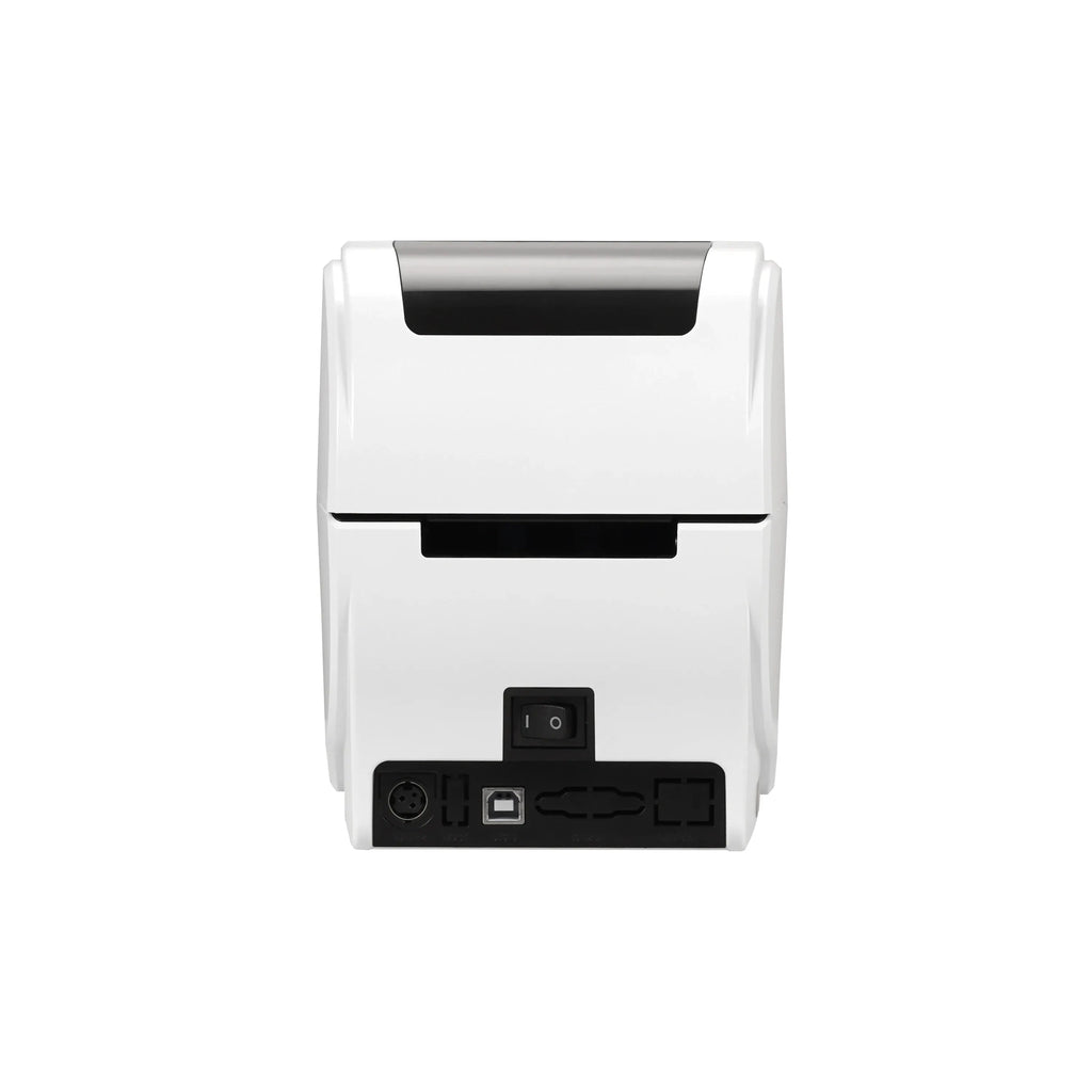Rear view of white label printer with power switch and ports.