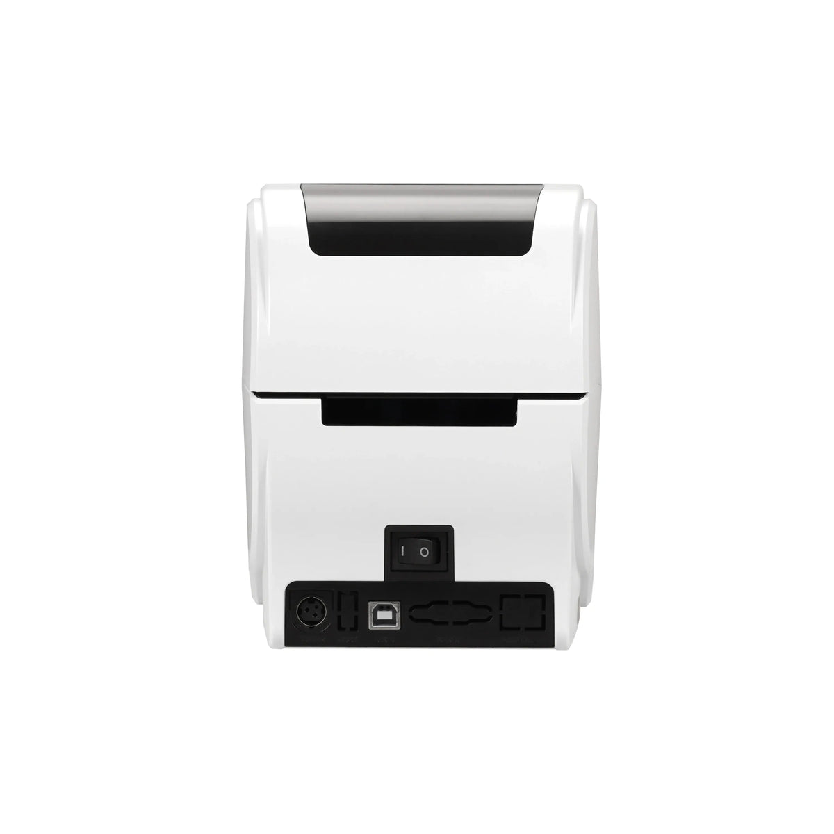 Rear view of white label printer with power switch and ports.