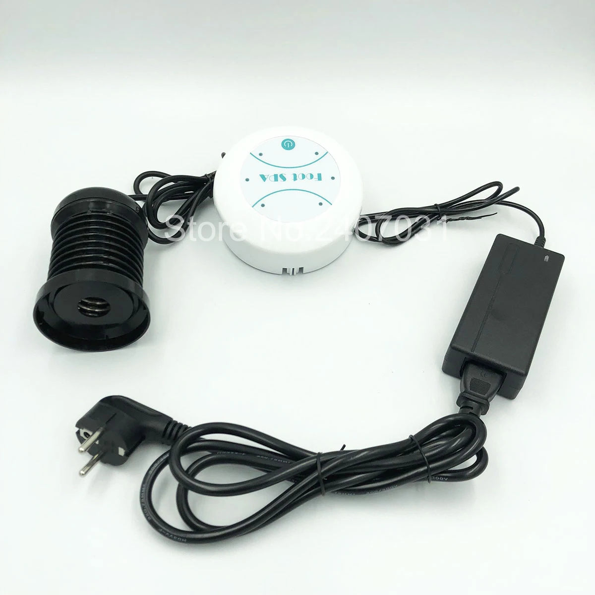 Electric ion detox foot spa machine with control unit, black round array, power adapter, and plug for home therapy.