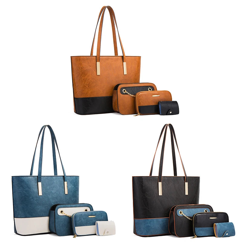 4-piece PU leather handbag set with tote, trunk bag, clutch, and wallet in brown, blue, and black colorways.