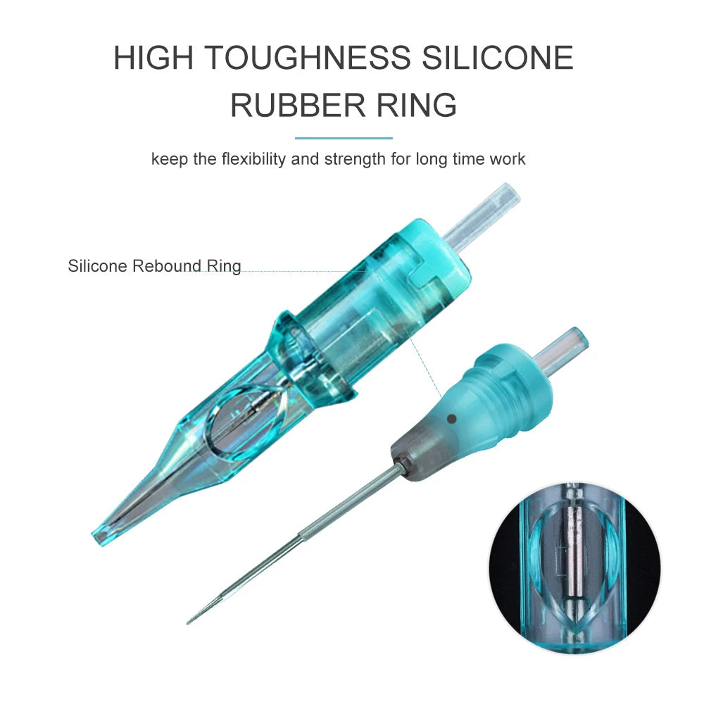 Transparent turquoise tattoo needle cartridge with a flexible silicone rebound ring for machine use.